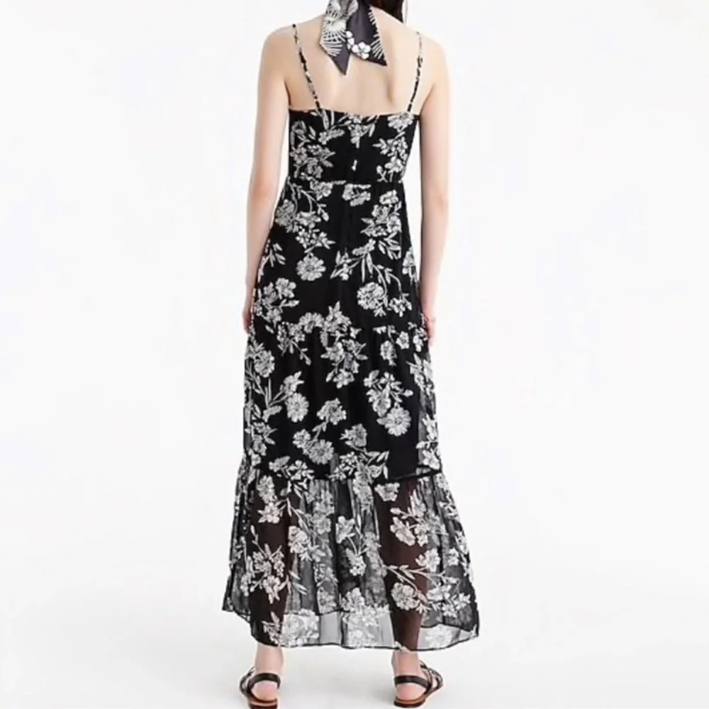 J Crew Black Sheer Floral Maxi Dress Tiered Spaghetti Strap Size 2
